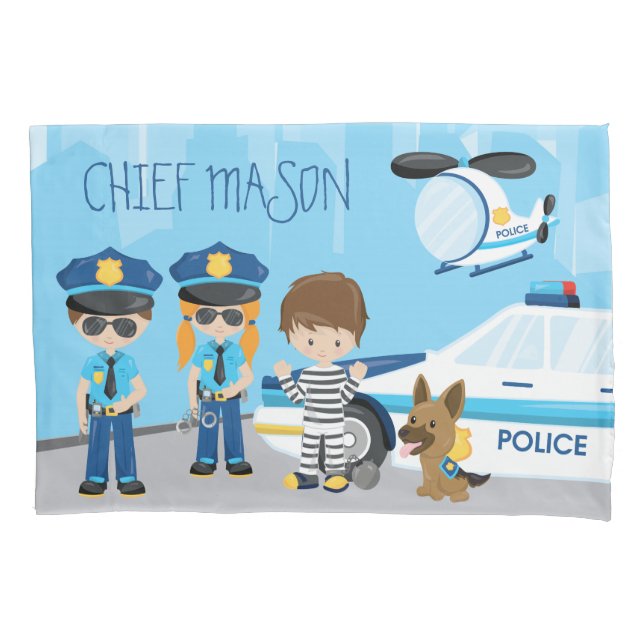 Cute Little Kid Cartoon Policeman with First Name Pillowcase (Front)