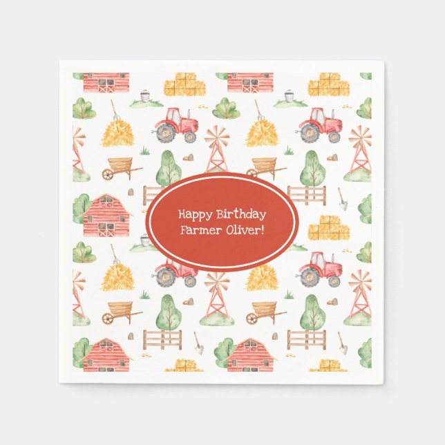 Cute Little Kids Farmer Pattern Happy Birthday Napkin (Front)