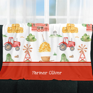 Cute Little Kids Farmer Pattern with First Name Fleece Blanket