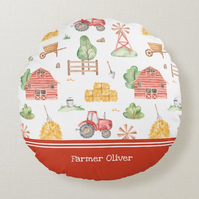 Cute Little Kids Farmer Pattern with First Name Round Cushion (Front)