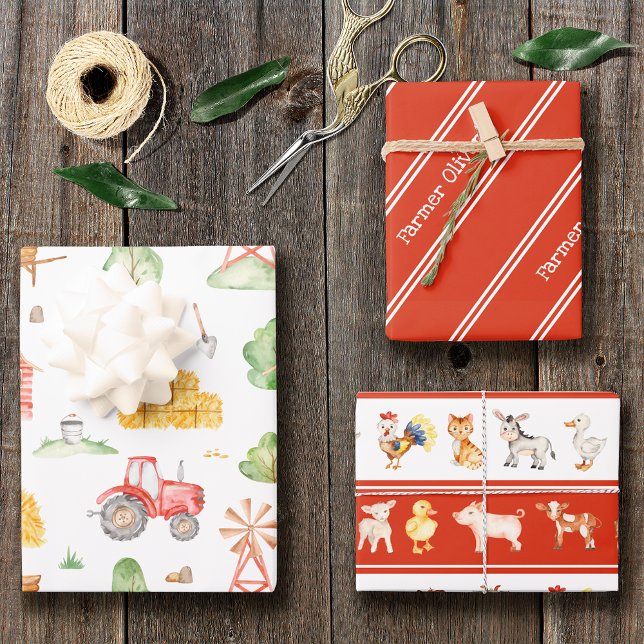 Cute Little Kids Farmer Pattern with First Name Wrapping Paper Sheet (Creator Uploaded)