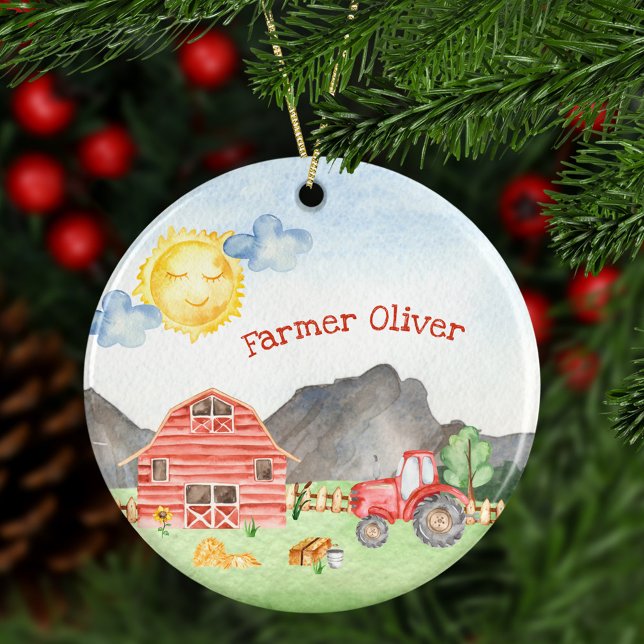 Cute Little Kids Farmer with First Name Christmas Ceramic Tree Decoration (Creator Uploaded)