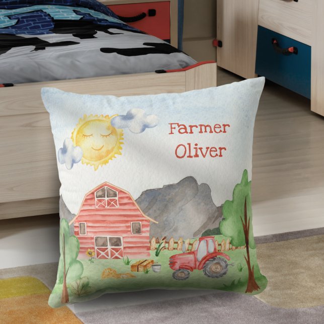 Cute Little Kids Farmer with First Name Watercolor Cushion (Creator Uploaded)
