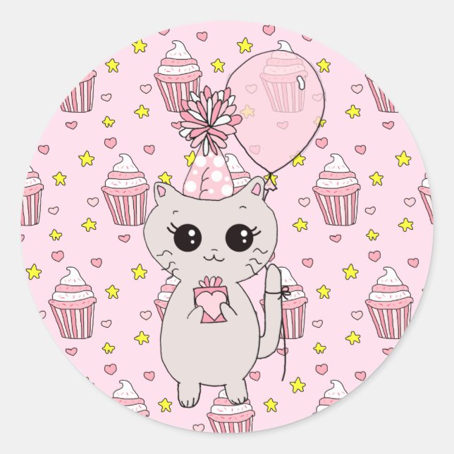Cute Little Kitten holding Birthday Gift Balloon Classic Round Sticker (Front)