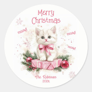 Cute Little Kitten Pink Christmas Classic Round Sticker