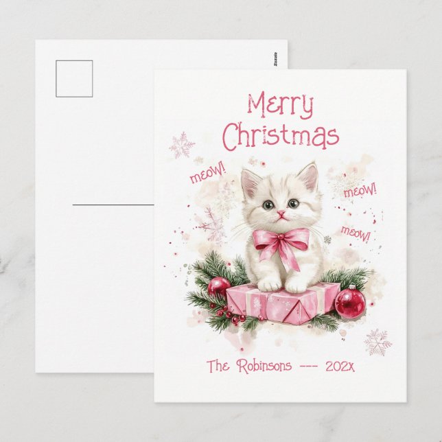 Cute Little Kitten Pink Christmas Postcard (Front/Back)