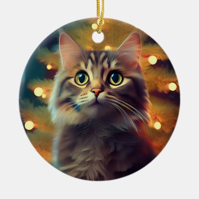 Cute Little Kitten Playing With Christmas Bulb Ceramic Tree Decoration (Front)