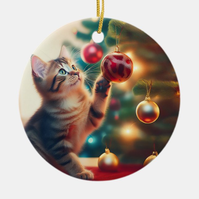 Cute Little Kitten Playing With Christmas Bulb Ceramic Tree Decoration (Front)