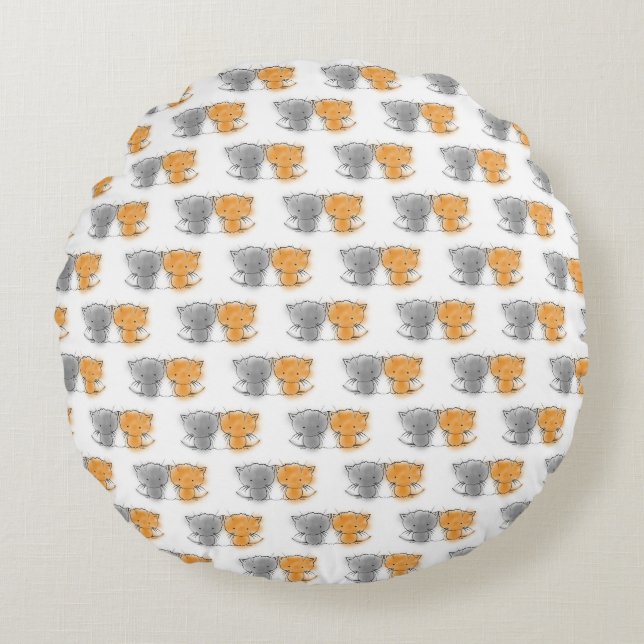 Cute Little Kittens Illustration Orange and Grey Round Cushion (Front)