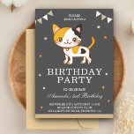 Cute Little Kitty Cat Birthday Party Invitation<br><div class="desc">Amaze your guests with this cute birthday party invite featuring an adorable little kitten with vibrant elements against a grey background. Simply add your event details on this easy-to-use template to make it a one-of-a-kind invitation. Flip the card over to reveal a peach and white stripes pattern on the back...</div>
