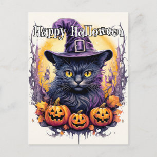 Cute Little Kitty Cat Witch   Halloween Postcard