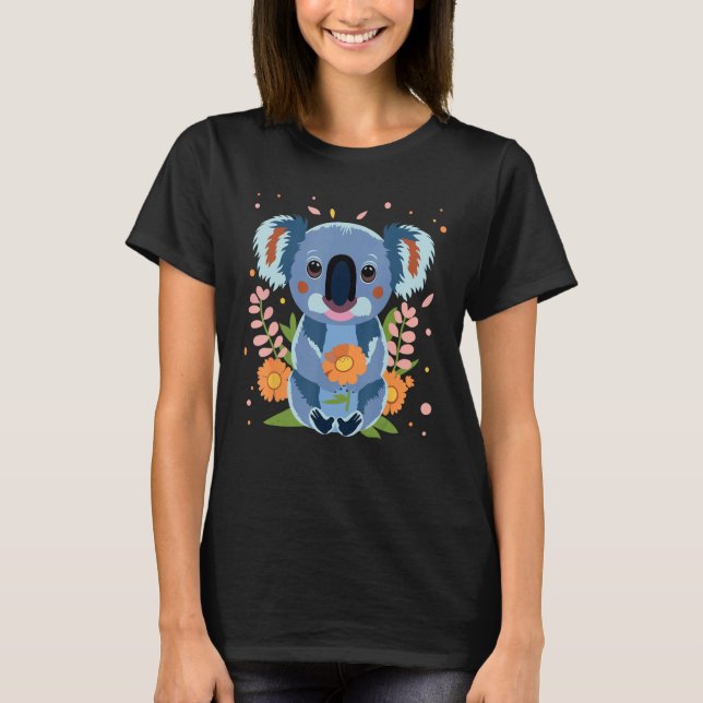 Cute Little Koala Bear Animal with Flowers T-Shirt (Front)