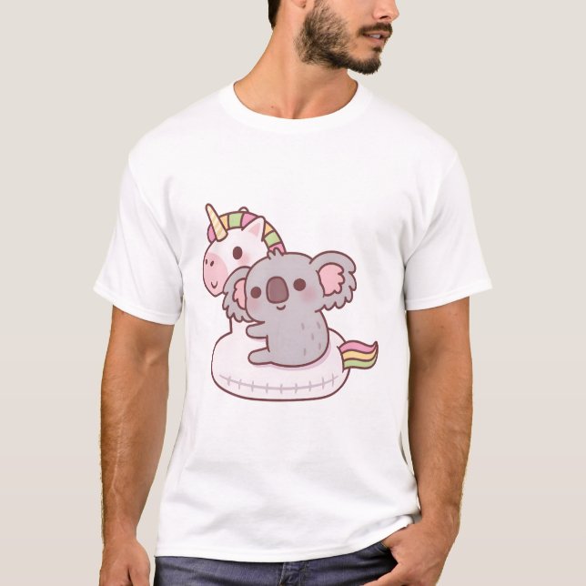 Cute Little Koala Bear Hugging Unicorn Pool Float T-Shirt (Front)