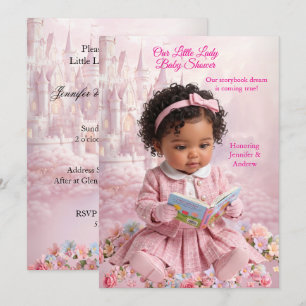 Cute Little Lady Pink Girl Baby Shower Book Ethnic Invitation