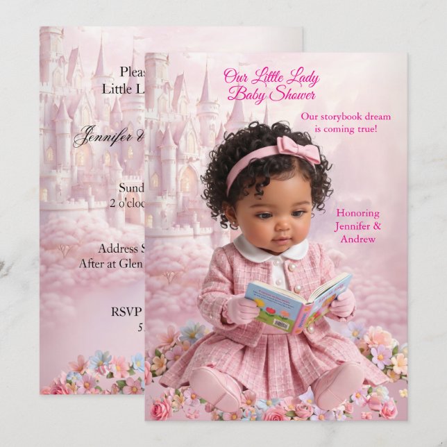 Cute Little Lady Pink Girl Baby Shower Book Ethnic Invitation (Front/Back)