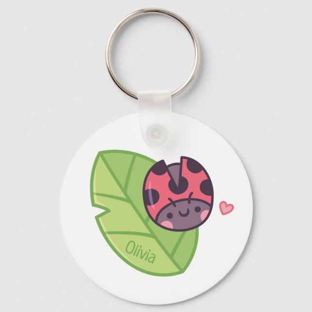 Cute Little Ladybug Beetle on Leaf Personalised Key Ring (Front)