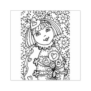 CUTE LITTLE LADYBUG WITH HEART BOUQUET, WHIMSICAL RUBBER STAMP