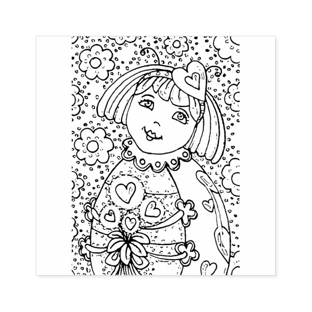 CUTE LITTLE LADYBUG WITH HEART BOUQUET, WHIMSICAL RUBBER STAMP (Imprint)