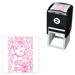 CUTE LITTLE LADYBUG WITH HEART BOUQUET, WHIMSICAL SELF-INKING STAMP