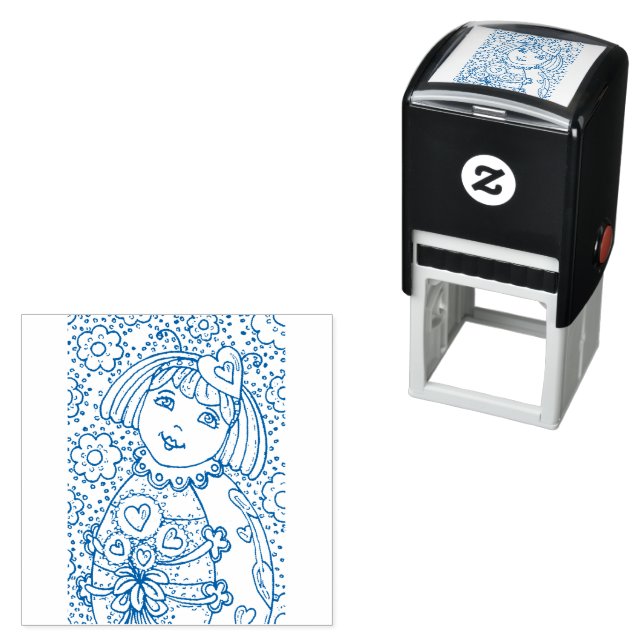 CUTE LITTLE LADYBUG WITH HEART BOUQUET, WHIMSICAL SELF-INKING STAMP (In Situ)