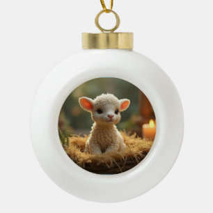CUTE LITTLE LAMB IN A MANGER CERAMIC BALL CHRISTMAS ORNAMENT