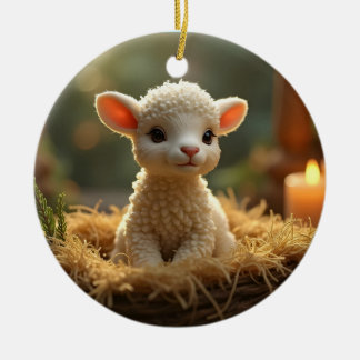 CUTE LITTLE LAMB IN A MANGER CERAMIC TREE DECORATION