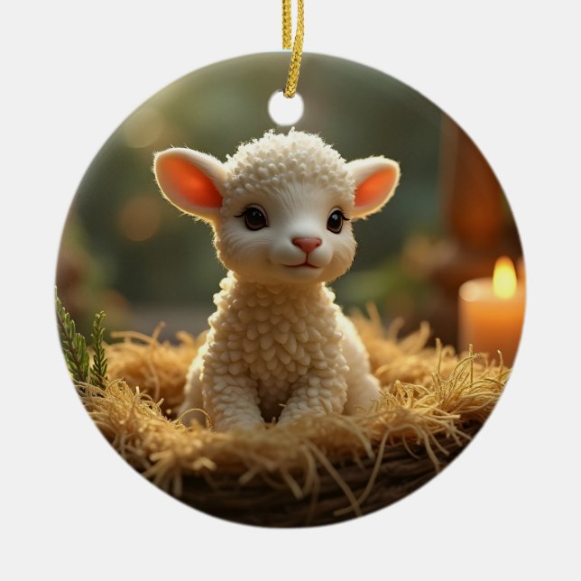 CUTE LITTLE LAMB IN A MANGER CERAMIC TREE DECORATION (Front)