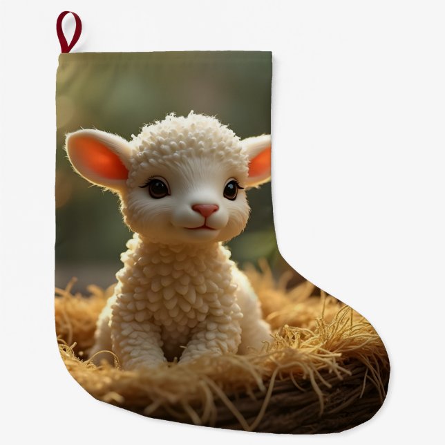 CUTE LITTLE LAMB IN A MANGER LARGE CHRISTMAS STOCKING (Front)