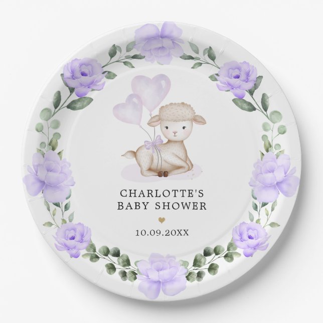 Cute Little Lamb Purple Floral Greenery Baby Girl Paper Plate (Front)