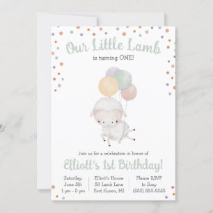 Cute Little Lamb with Balloons Birthday Party Invitation