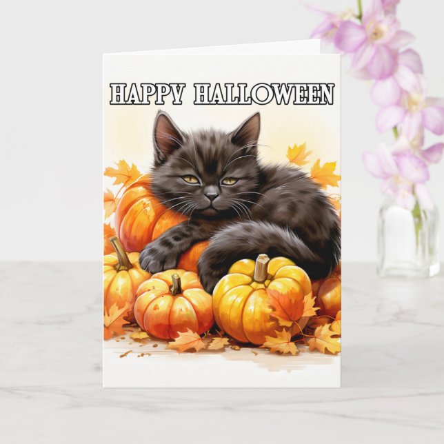 Cute Little Lazy Day Black Cat | Halloween Card (Orchid)