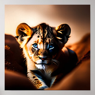 Cute Little Lion Cub with Blue Eyes Poster