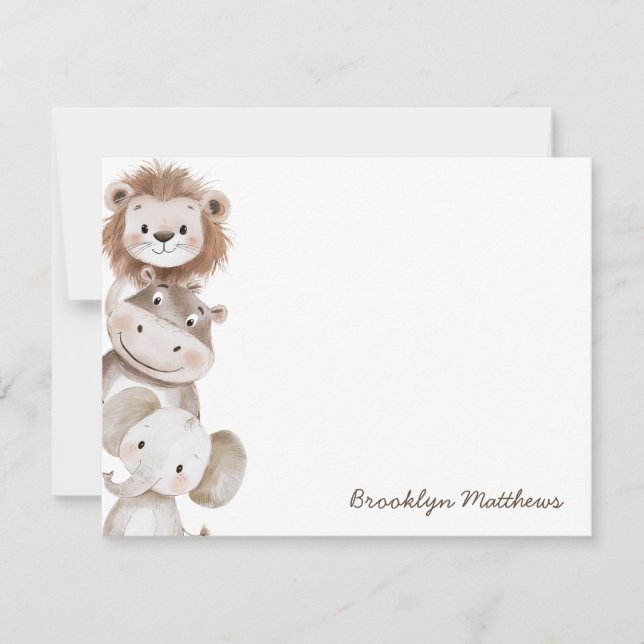 Cute Little Lion, Hippo & Elephant Kids Stationery Card (Front)