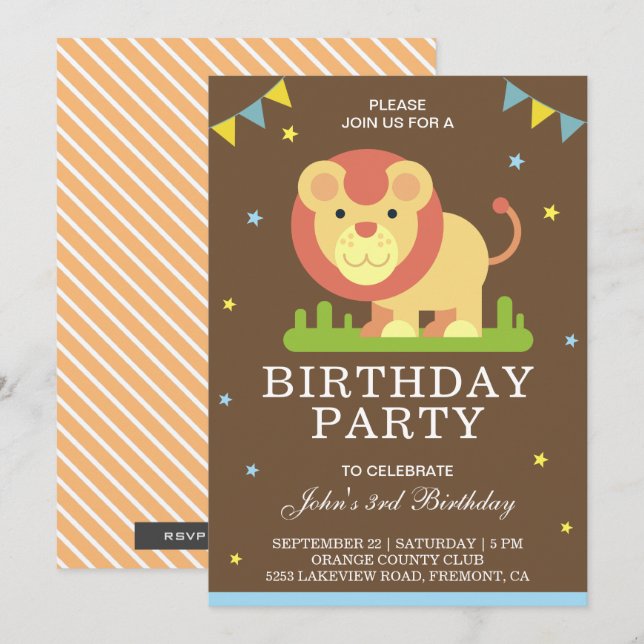 Cute Little Lion Kids Birthday Party Invitation (Front/Back)