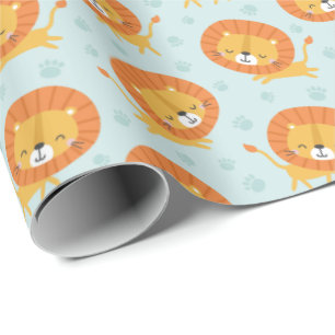 Cute little Lions with footprints on light blue Wrapping Paper