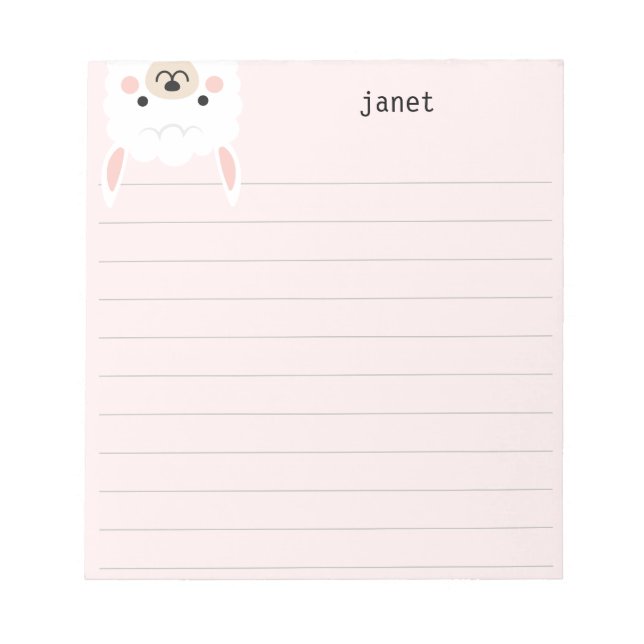 Cute Little Llama, Pink Personalised Lined Notepad (Front)