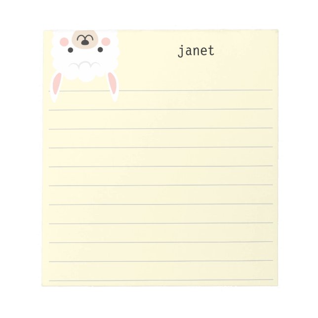 Cute Little Llama, Yellow Personalised Lined Notepad (Front)