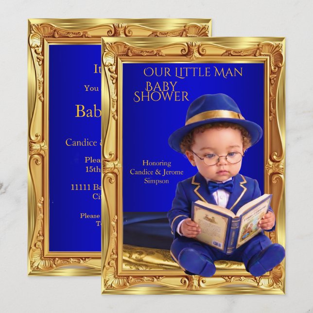 Cute Little Man Baby Shower Gold Blue Book Invitation (Front/Back)