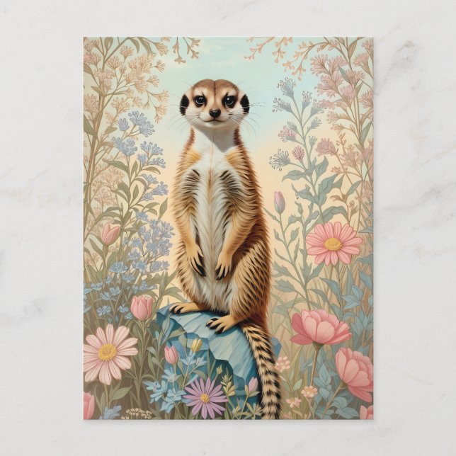 Cute Little Meerkat Pastel Floral Postcard (Front)