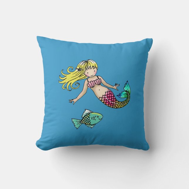 Cute Little Mermaid and Fish Pillow for Kids (Front)