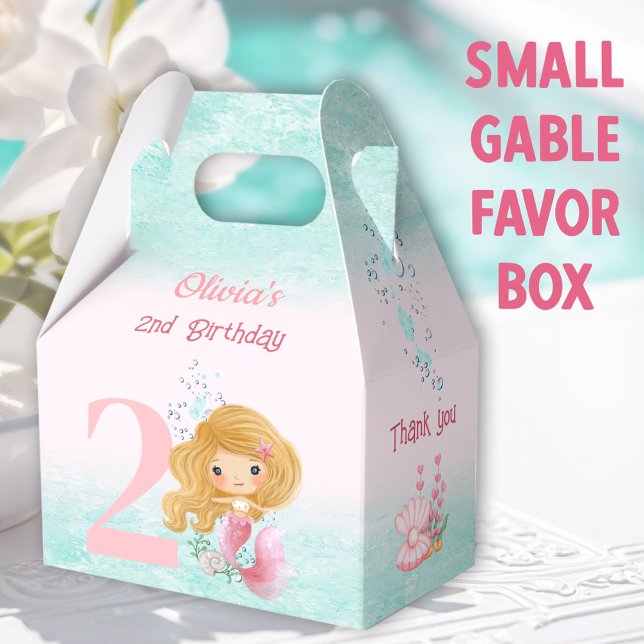 Cute Little Mermaid Blonde Hair Birthday Pink Favour Box (Blonde Mermaid Small Gable Favor Boxes  -  You can choose from 3 sizes of these gable favor boxes)