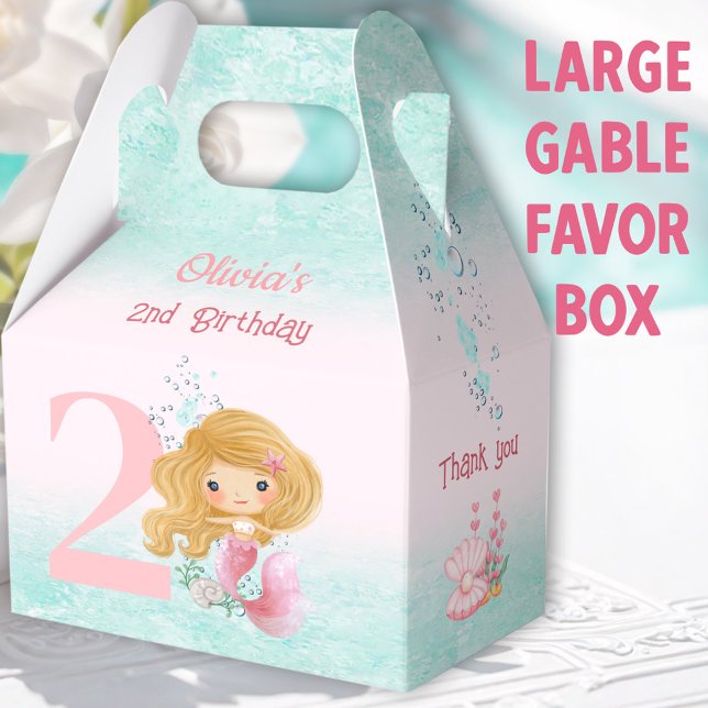 Cute Little Mermaid Blonde Hair Pink Large Gable Favour Box (Blonde Mermaid Large Gable Favor Boxes - You can choose from 3 sizes of these gable favor boxes)