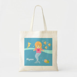 Cute Little Mermaid Girl Under the Sea Animals Tote Bag