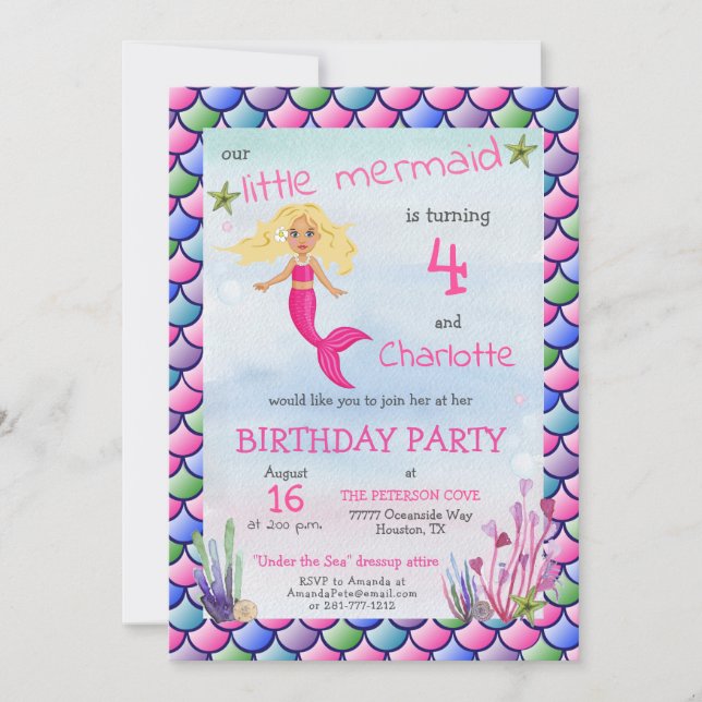 Cute Little Mermaid Pink Dressup Birthday Party Invitation (Front)