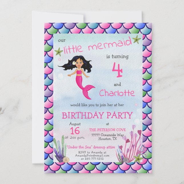 Cute Little Mermaid Pink Dressup Birthday Party Invitation (Front)