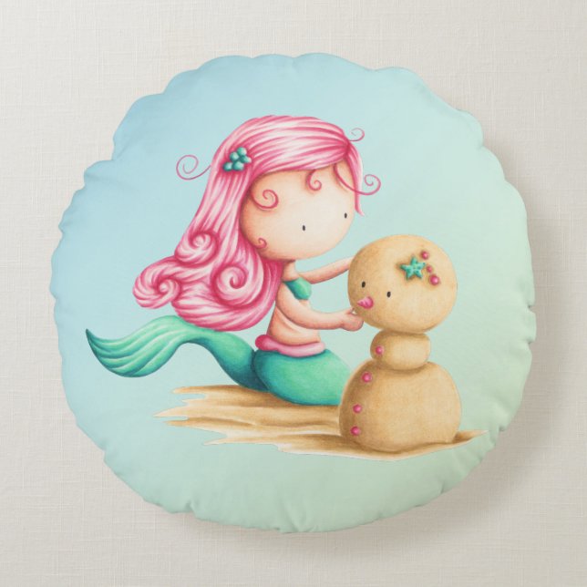 Cute little mermaid playing with sand round cushion (Front)