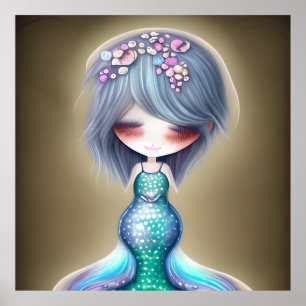 Cute Little Mermaid teal flowers face gift  Poster