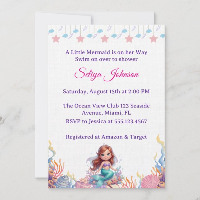 Cute Little Mermaid Under the Sea Girl Baby Shower Invitation (Front)