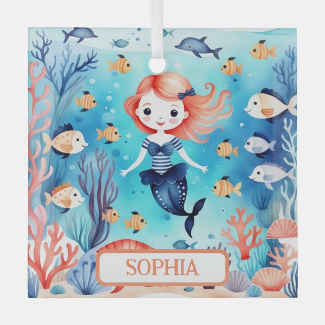  Cute Little Mermaid Under The Sea Personalised Glass Tree Decoration (Front)