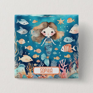 Cute Little Mermaid Under The Sea with Coral Fish 15 Cm Square Badge